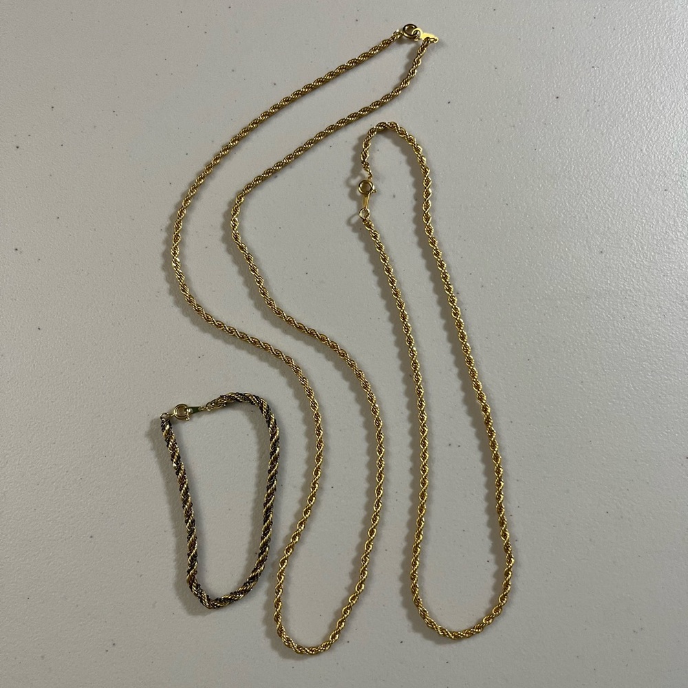 Set of 2 Gold-Tone Rope Chain Necklaces & 1 Rope Chain Bracelet Unisex